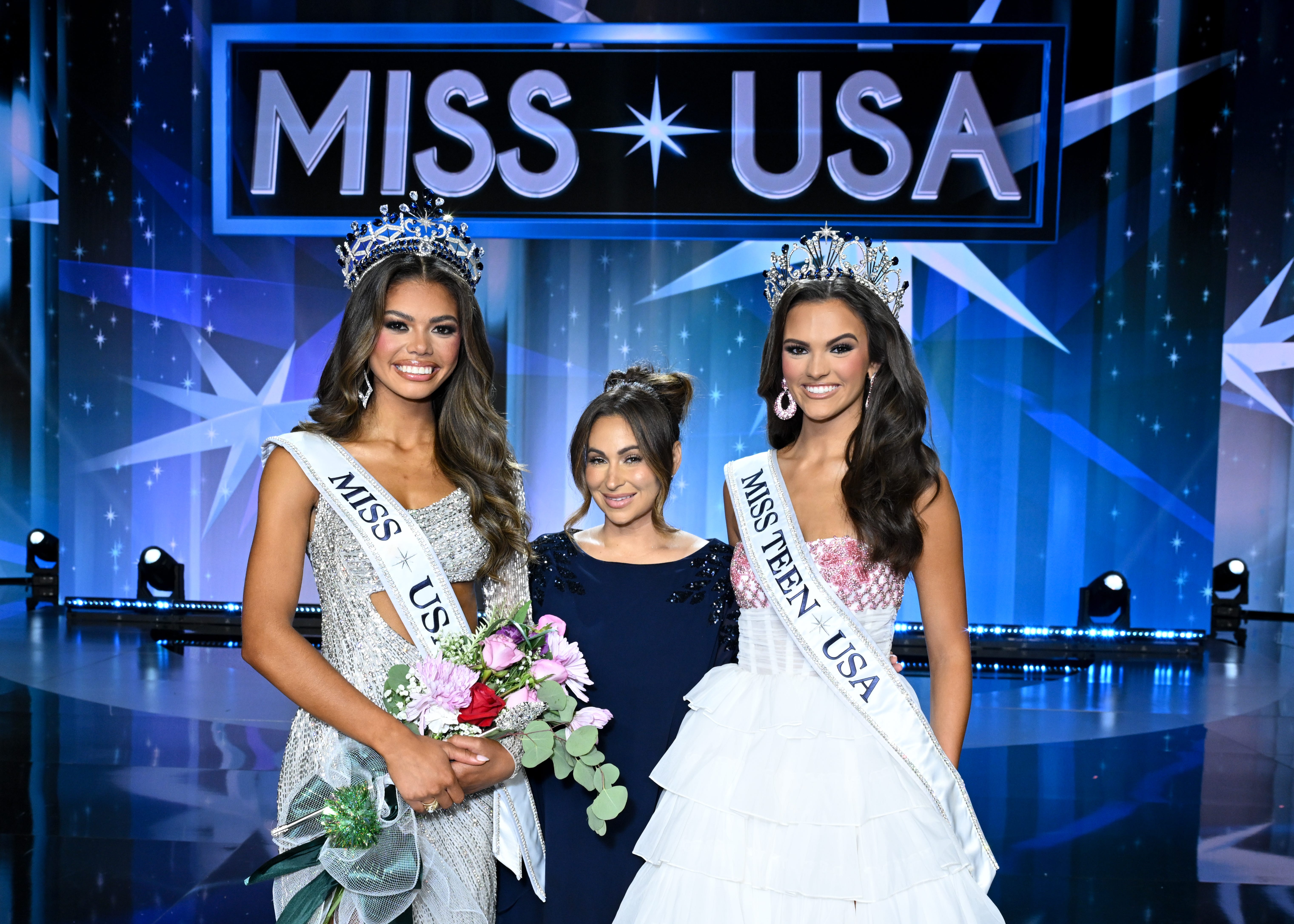 Alma Cooper, Miss Michigan USA-winner of Miss USA 2024, Laylah Rose, Miss USA President and Addie Carver, Miss Teen USA 2024 at the 73rd annual Miss USA Pageant at Peacock Theater on August 4, 2024 in Los Angeles, California.