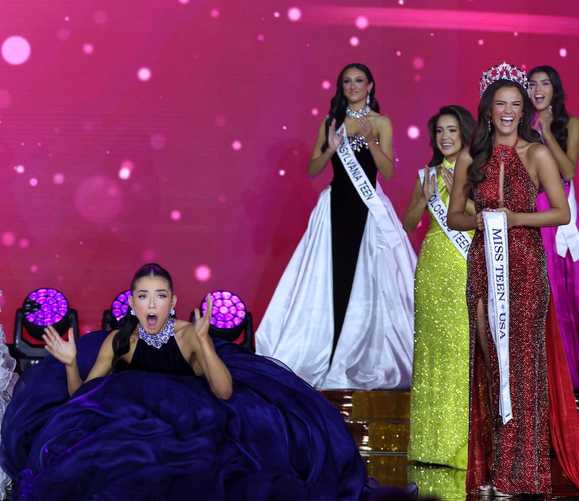 Addie Carver crowning Miss Teen USA 2025 Mailyn Marsh.