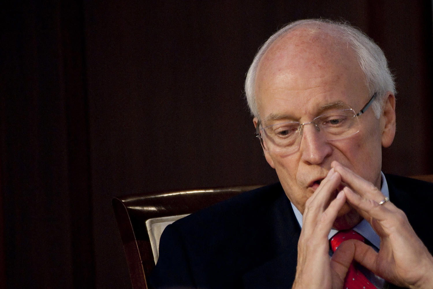 Dick Cheney holds his hands to his face.