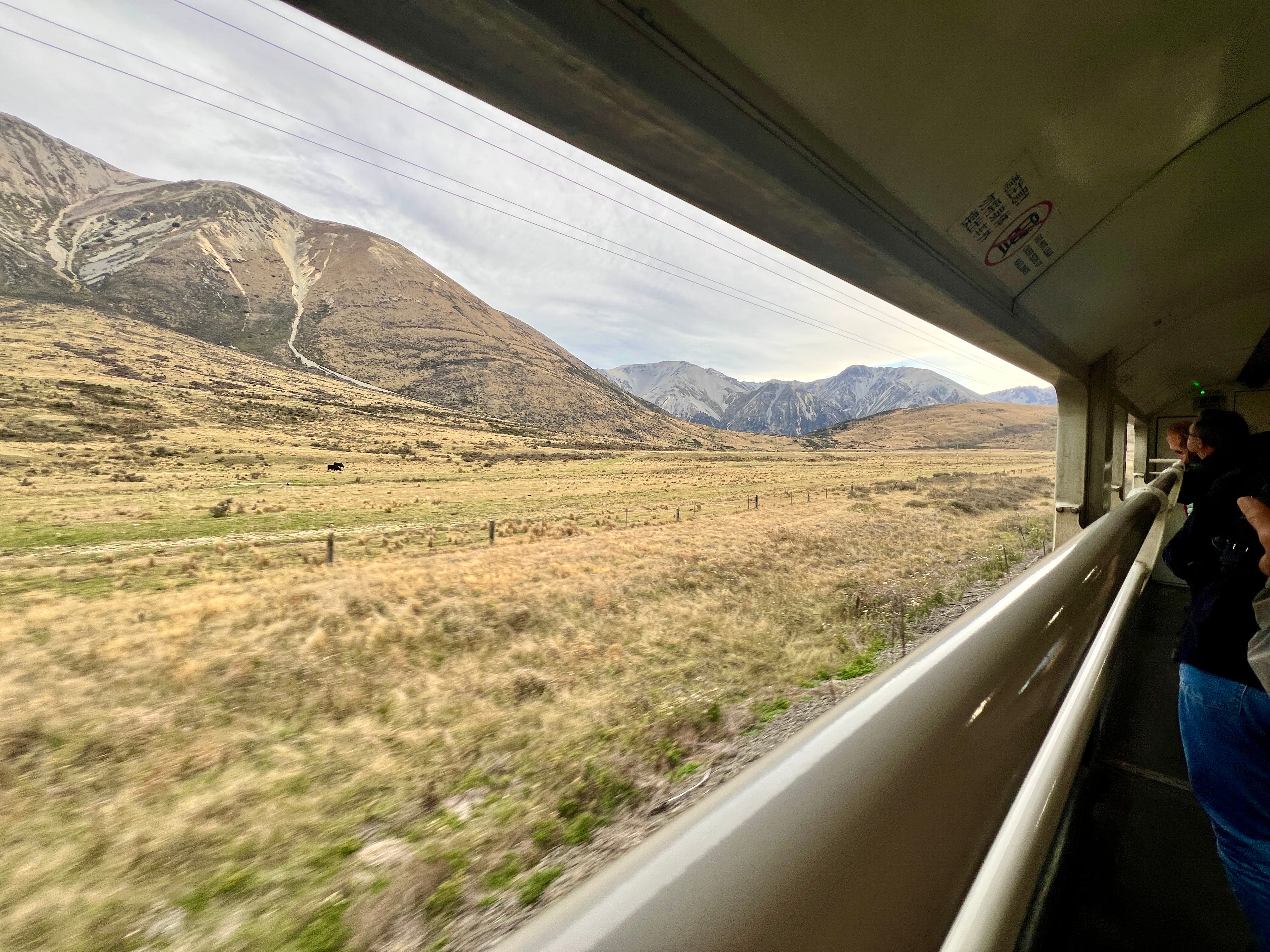 View of mountains, grass, from train window