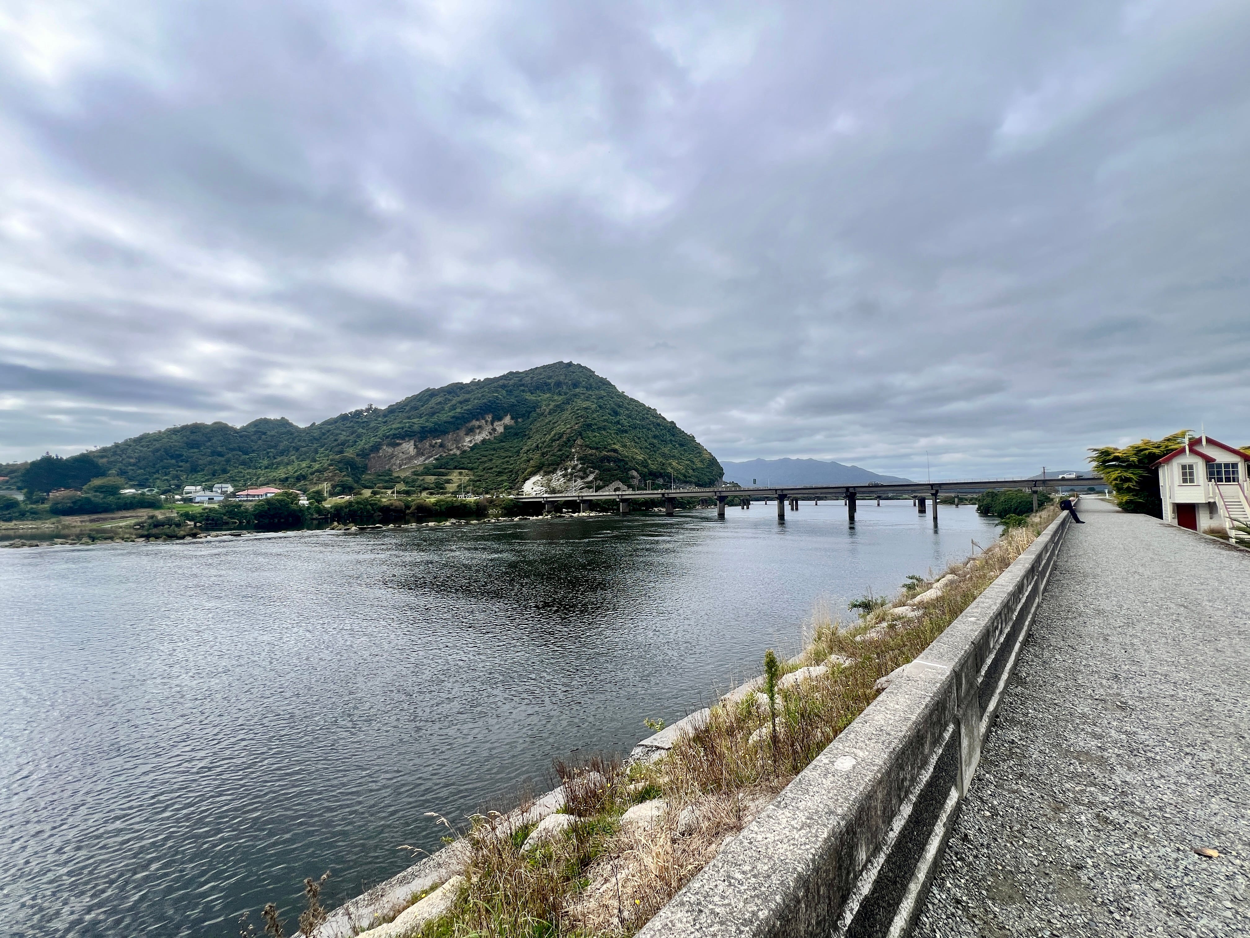 View of mountains, water from Greymouth