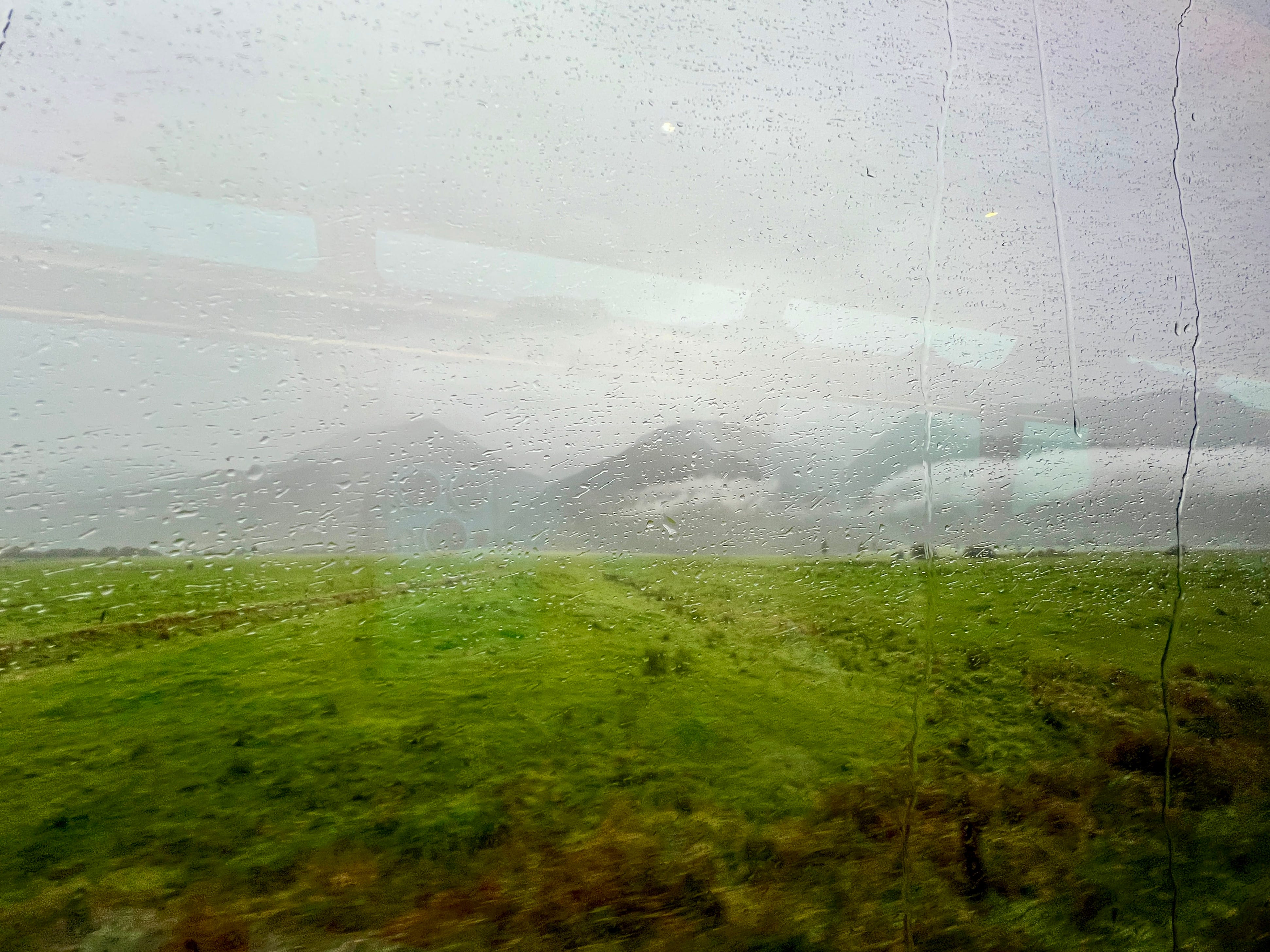 Raindrops on window with view of gray skies, greenery outside