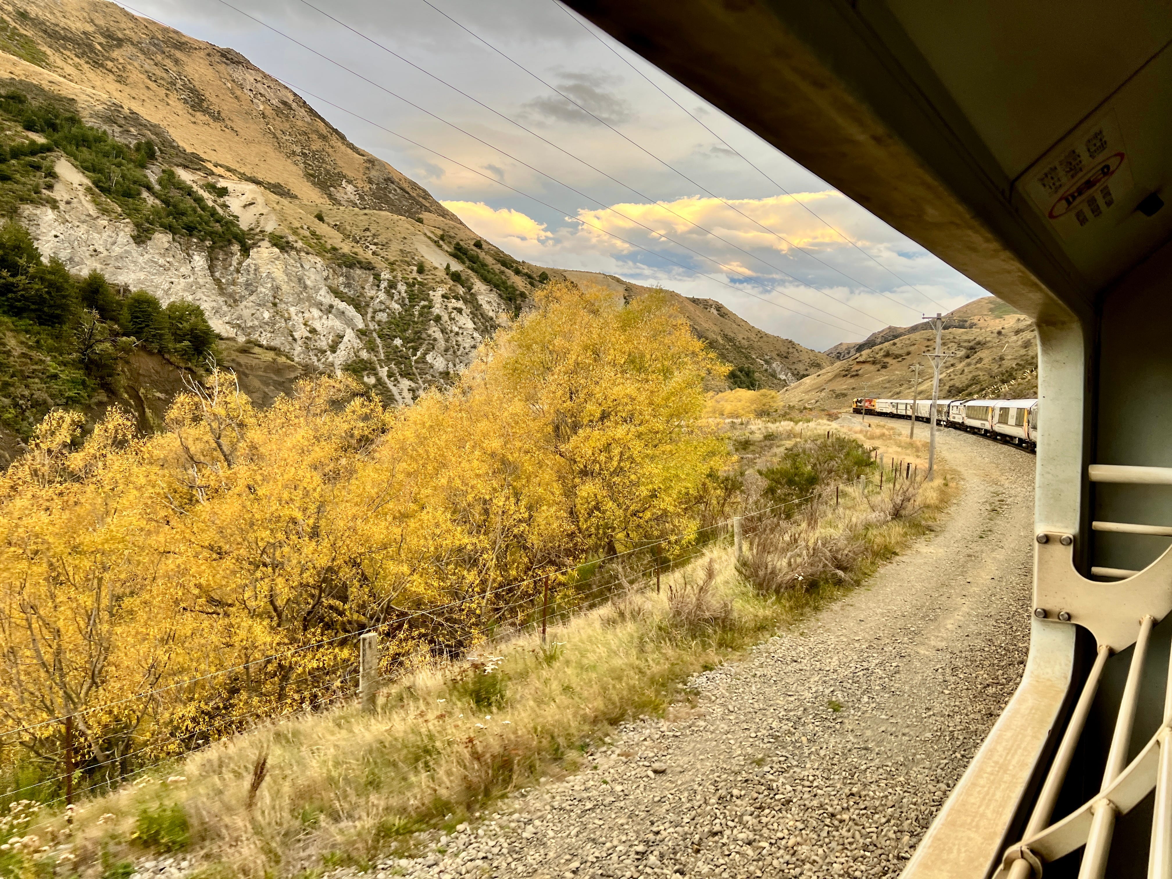 View of yellow-tinged trees, mountains from train window at golden hour