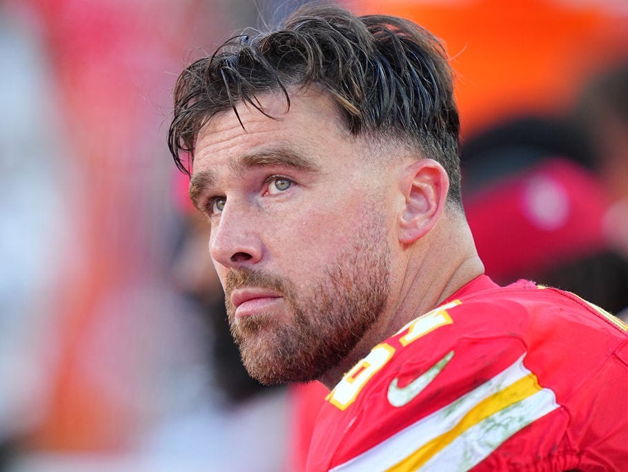 : Kansas City Chiefs Travis Kelce (87) in action, looks on from the bench vs Denver Broncos at Arrowhead Stadium. Kansas City, MO 11/10/2024
