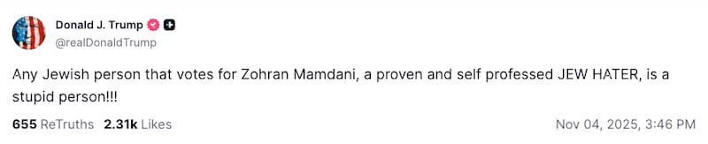 A screenshot of Trump's Truth Social about Zohran Mamdani.