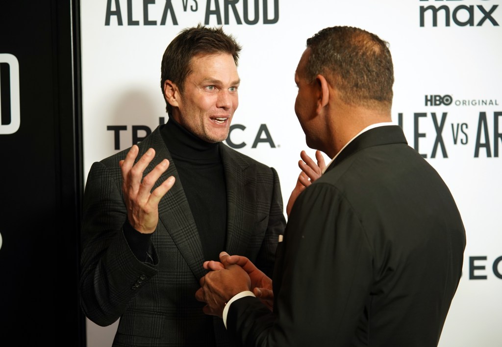Tom Brady and Alex Rodriguez catch up at HBO Original's 'Alex vs ARod' Documentary Series Premiere in NYC.