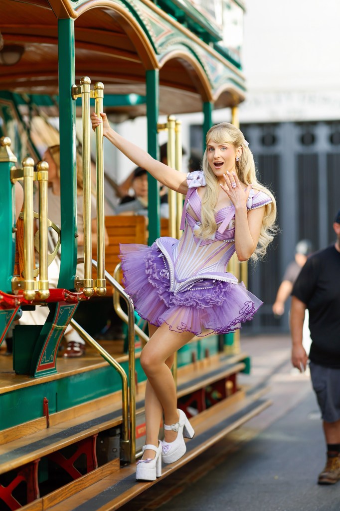 Meghan Trainor is pretty in purple while filming a music video at The Grove in Los Angeles.