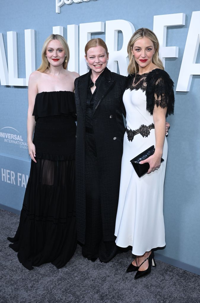 Dakota Fanning, Sarah Snook and Abby Elliott attend Peacock's 'All Her Fault' Series Premiere in NYC.