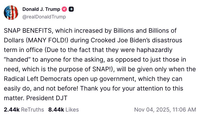 Donald Trump's Truth Social post on SNAP benefits.