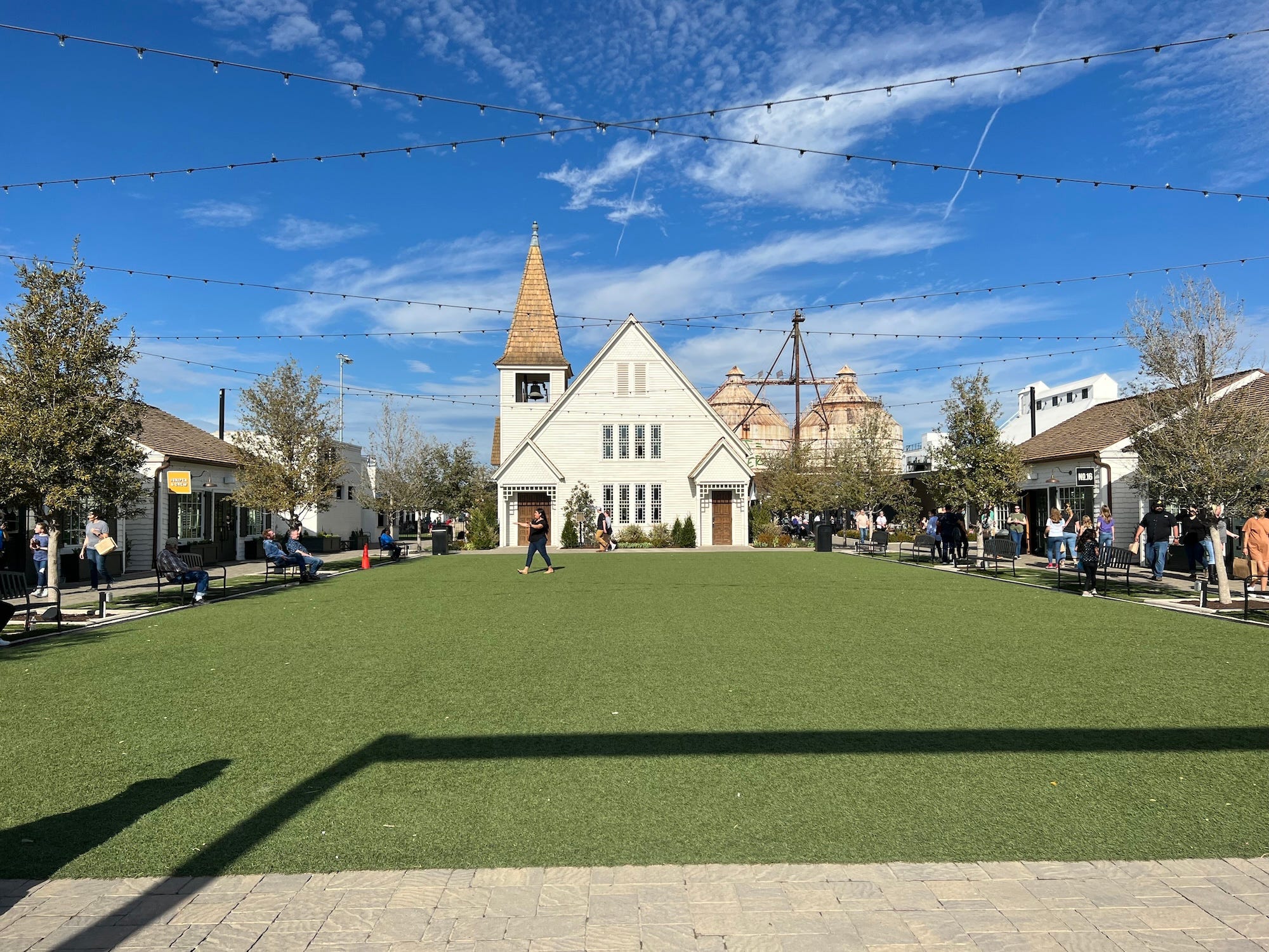A wide shot of the shops at the Silos in Waco, Texas.