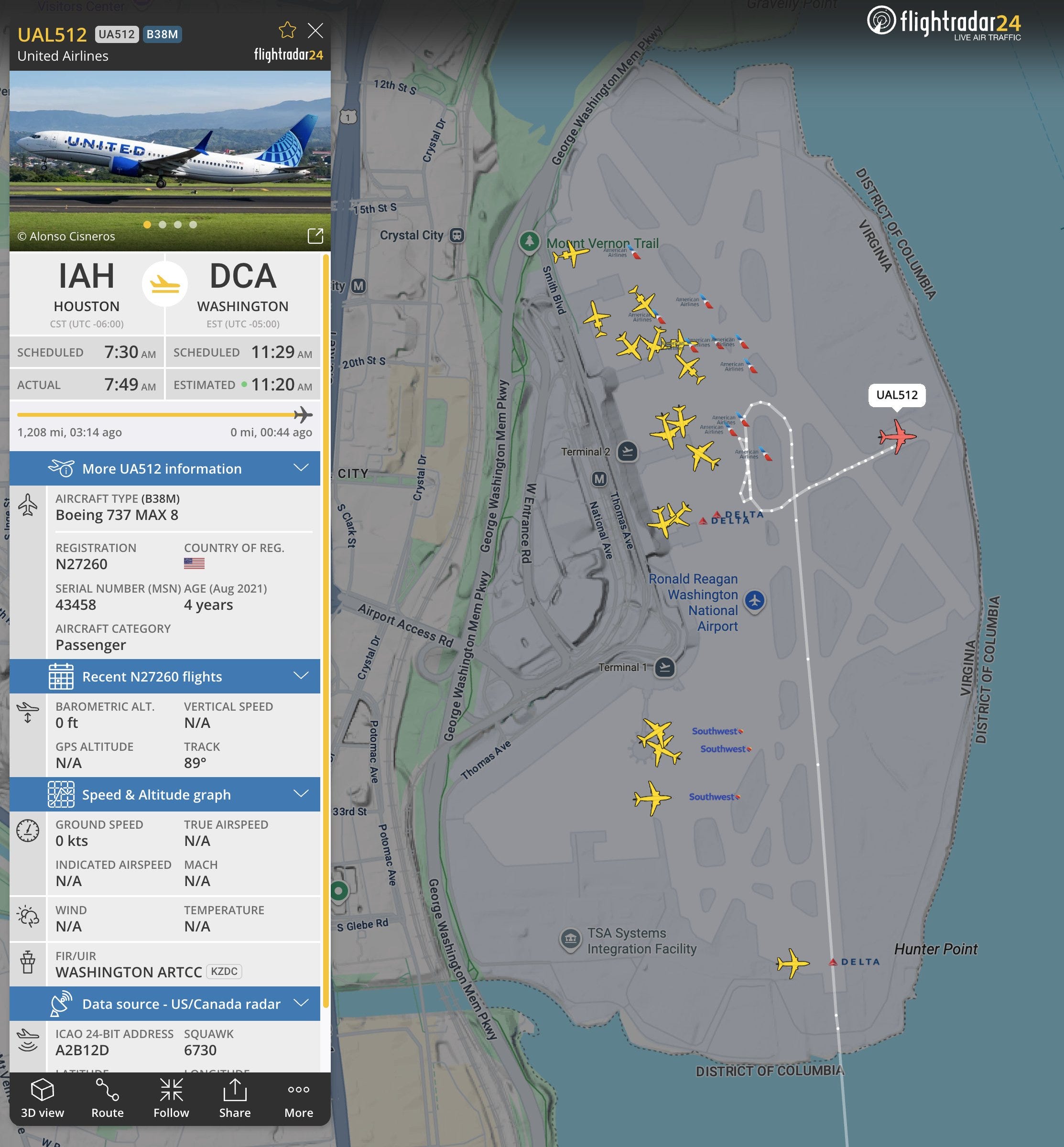 FlightRadar24 data shows the United plane parked to the east side of the terminal.