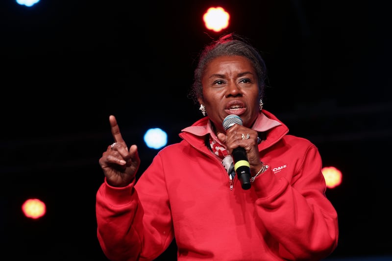Republican gubernatorial nominee and Lt. Governor Winsome Earle-Sears speaks at a campaign rally at The Salisbury Center November 03, 2025 in Manassas, Virginia.