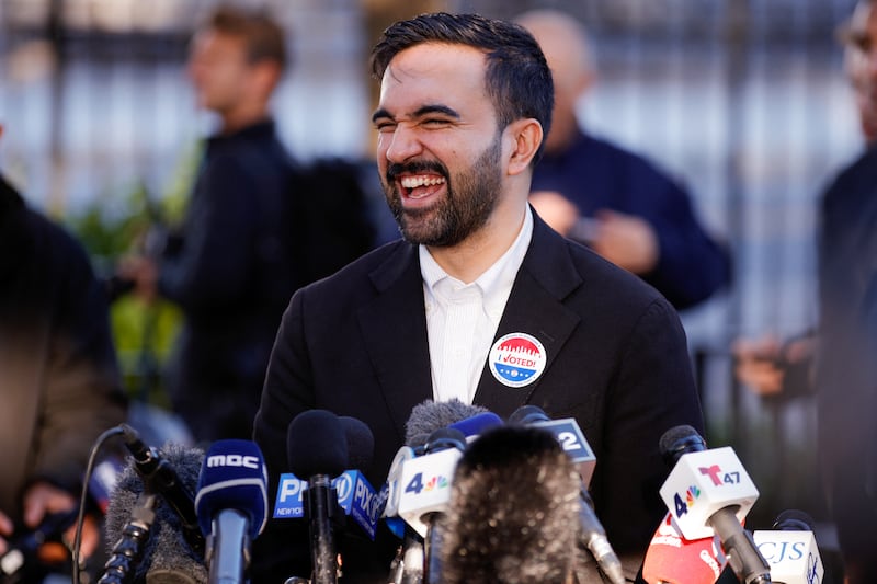 Democratic New York City mayoral candidate Zohran Mamdani speaks to the press after voting at a polling location at Frank Sinatra School of Arts in the Queens borough of New York City on November 4, 2025.