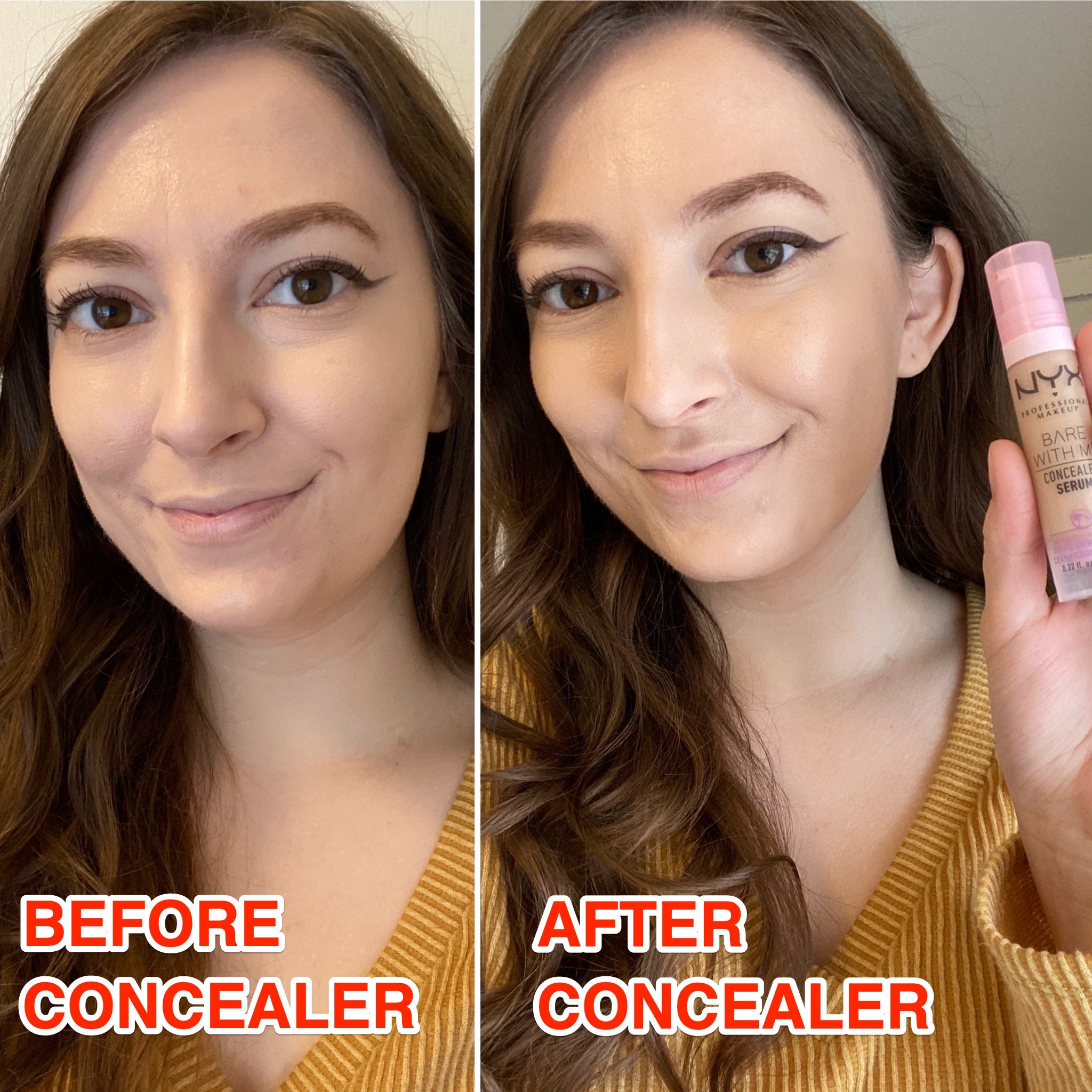 Reporter Amanda Krause without concealer (left) and with concealer (right).