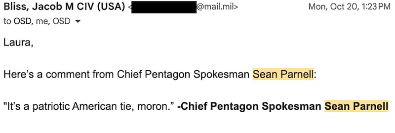 Email correspondence between The Daily Beast reporters and the White House administration. Jacob Bliss. Sean Parnell.