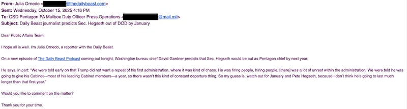 Email correspondence between The Daily Beast reporters and the White House administration. Julia Ornedo.