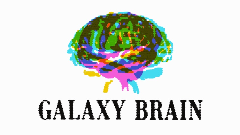 An animated GIF of the “Galaxy Brain” show art, featuring a fluorescent-colored brain rotating over the words