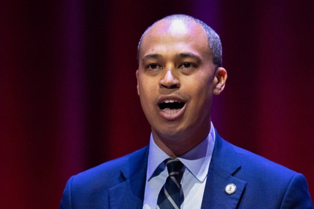 Democratic candidate for Virginia attorney general Jay Jones speaking at a debate.