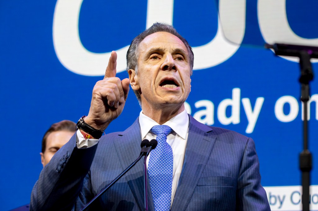Former NY Gov. Andrew Cuomo speaks to a crowd as he concedes the NYC Mayoral election at the Zeigfeld Ballroom in Manhattan, on Nov. 4, 2025.