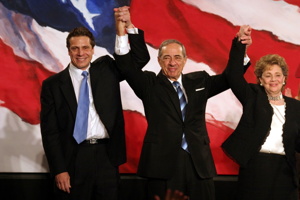 Andrew Cuomo celebrates his election as NY attorney general with his parents Mario Cuomo and Matilda Cuomo.