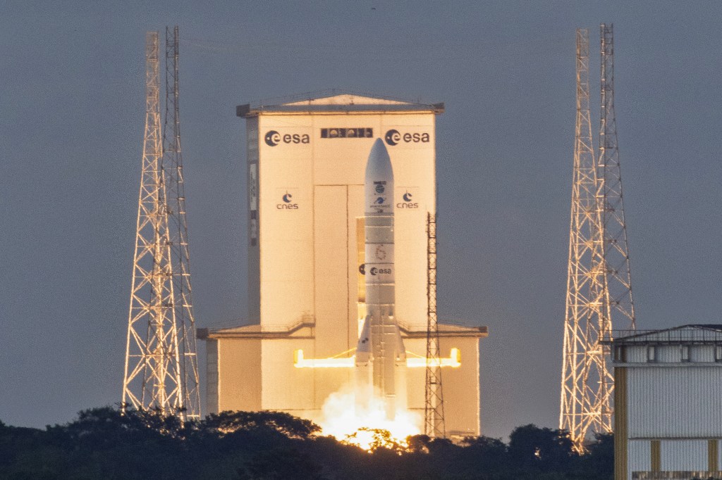 European Space Agency Ariane 6 rocket launching from the Guiana Space Centre.