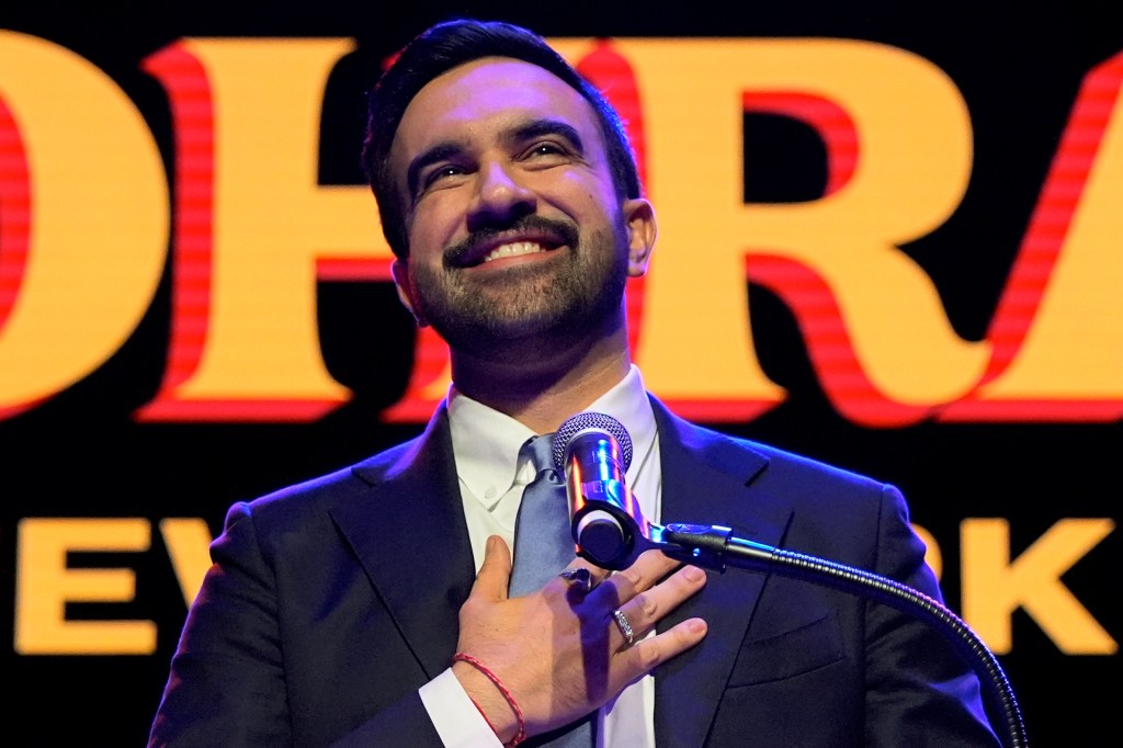 Zohran Mamdani celebrates during an election night event at the Brooklyn Paramount Theater in Brooklyn, New York on November 4, 2025.
