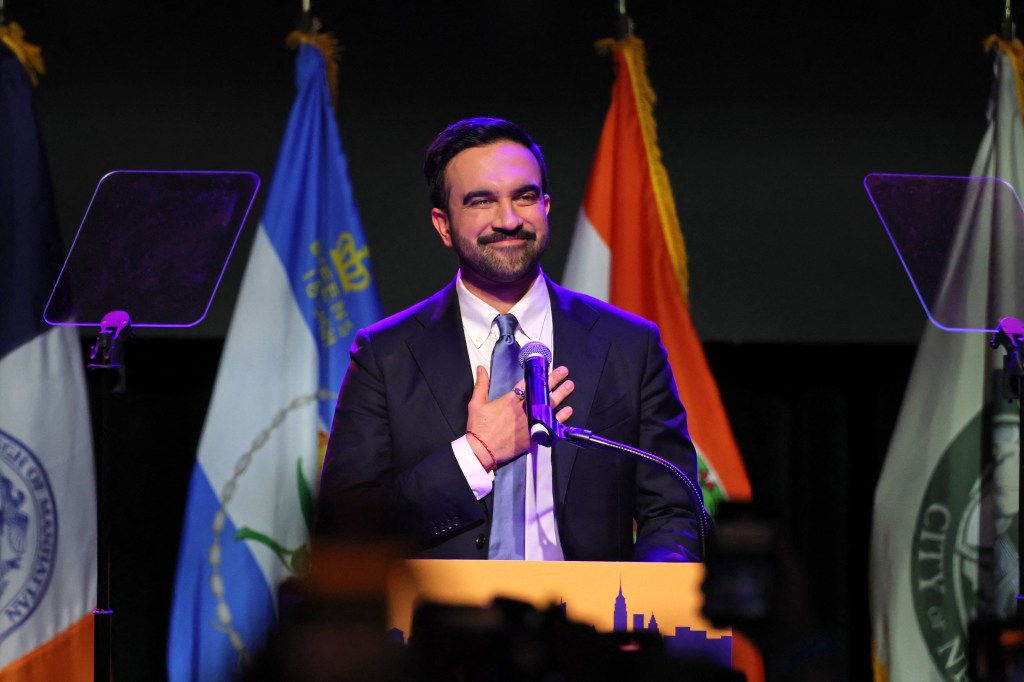 New York City Mayoral candidate Zohran Mamdani celebrates during an election night event.