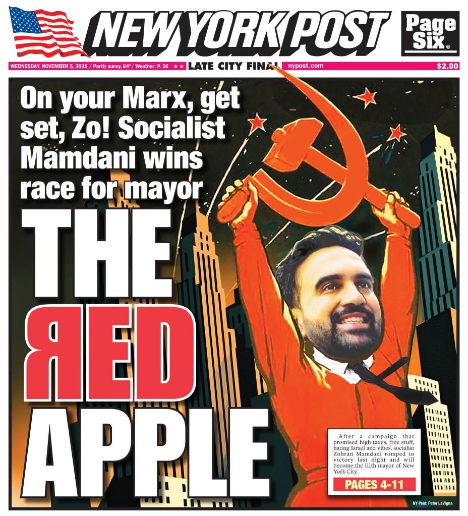 New York Post headline and illustration about Zohran Mamdani winning the mayoral race.