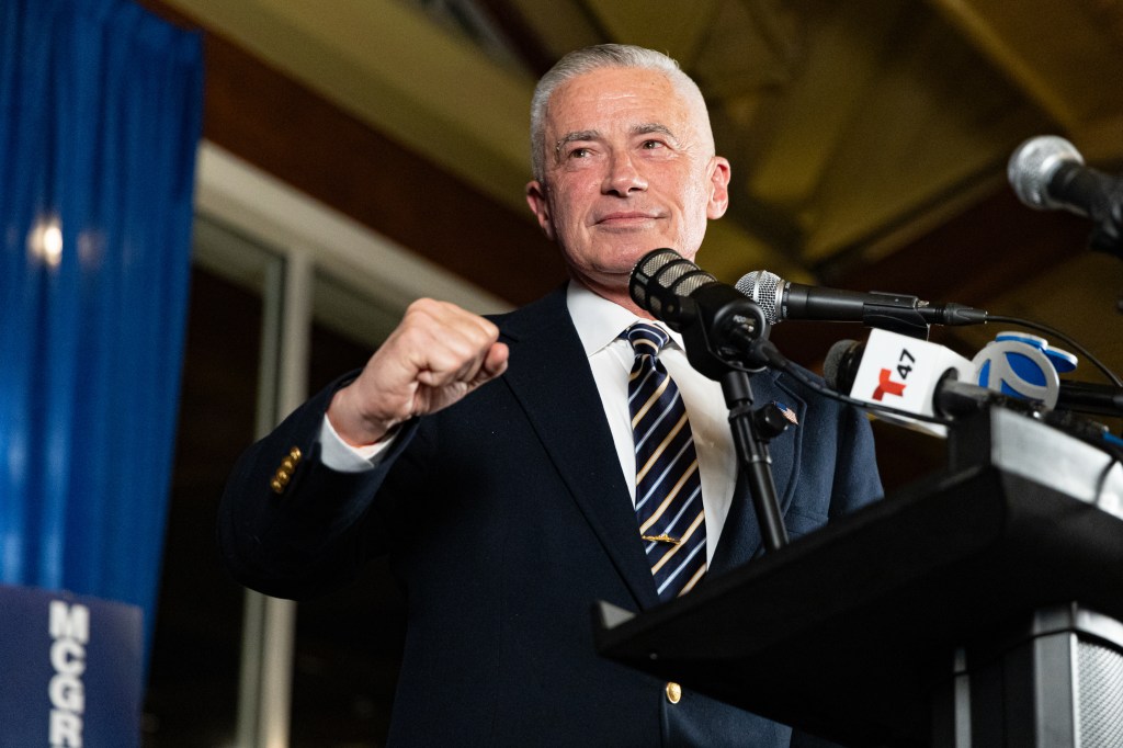 Jersey City mayoral candidate Jim McGreevey speaks to supporters at his election night party.