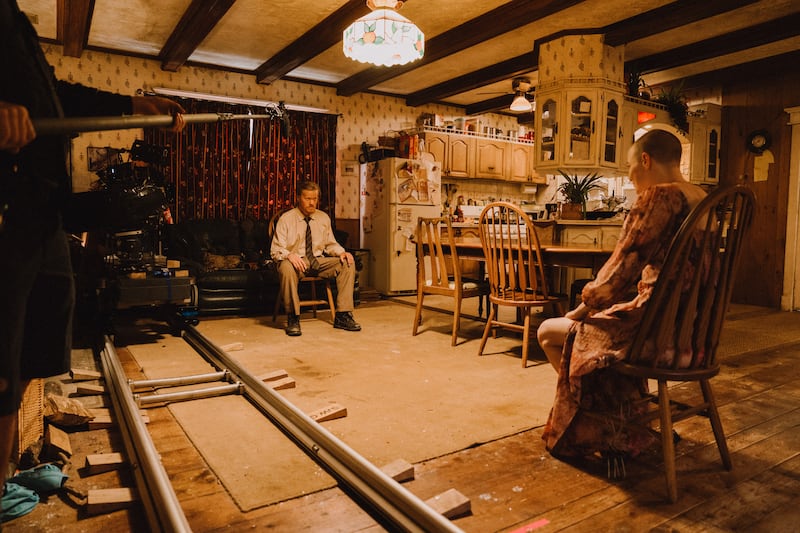 (L to R) Actors Jesse Plemons and Emma Stone during the production of director Yorgos Lanthimos' BUGONIA, a Focus Features release.