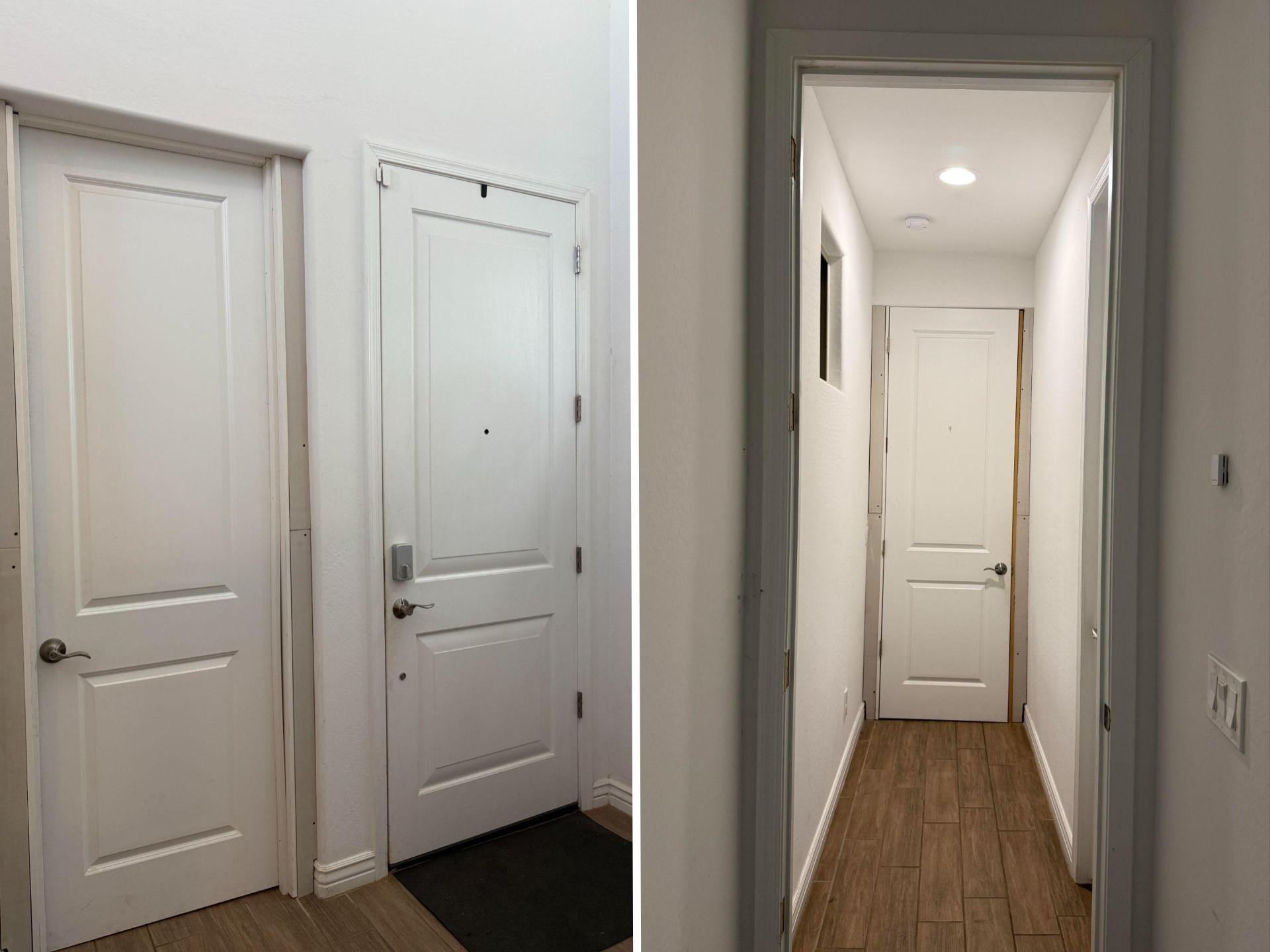 A side-by-side of a hallway with two doors and another hallway with one door.