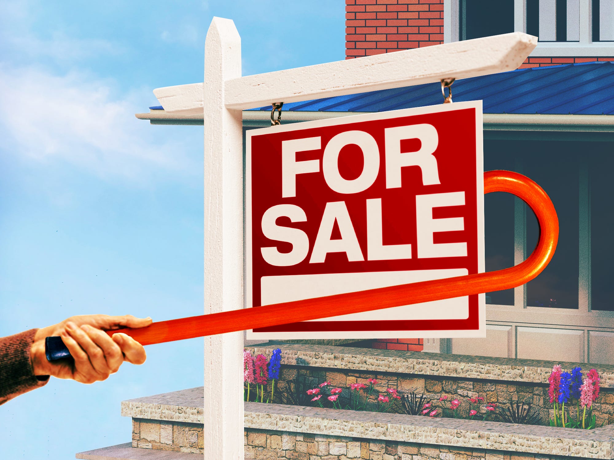 Older person with cane pulling a