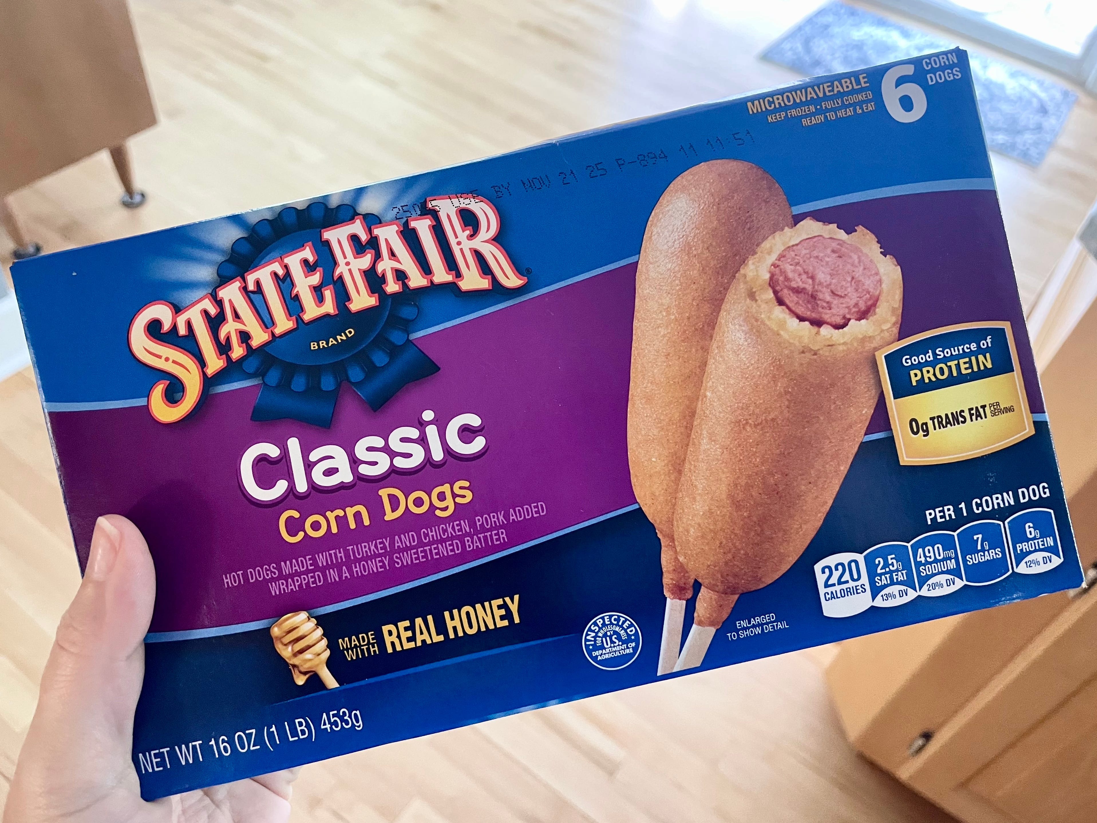 A box of State Fair classic corn dogs.