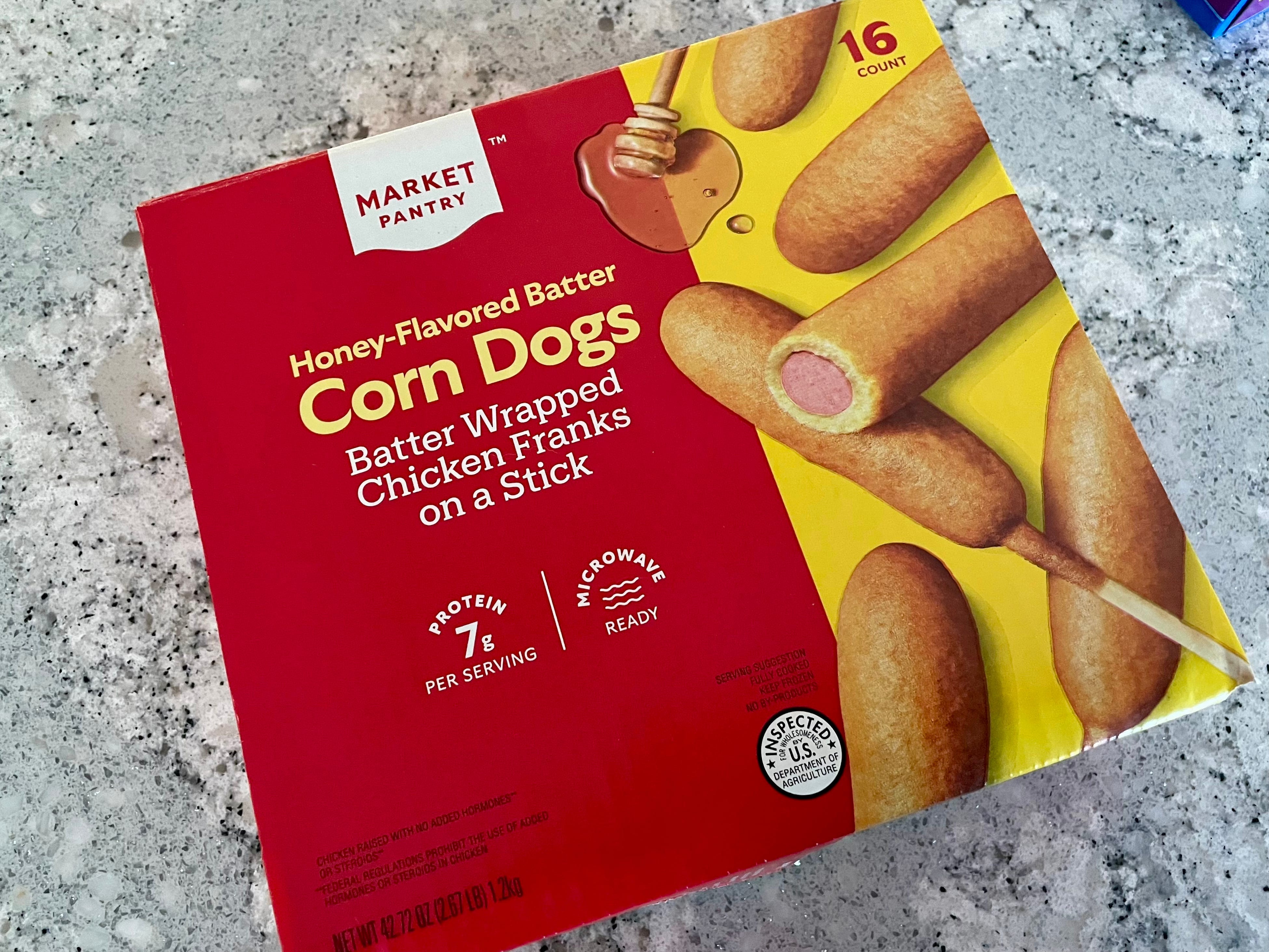 A box of Market Pantry corn dogs.