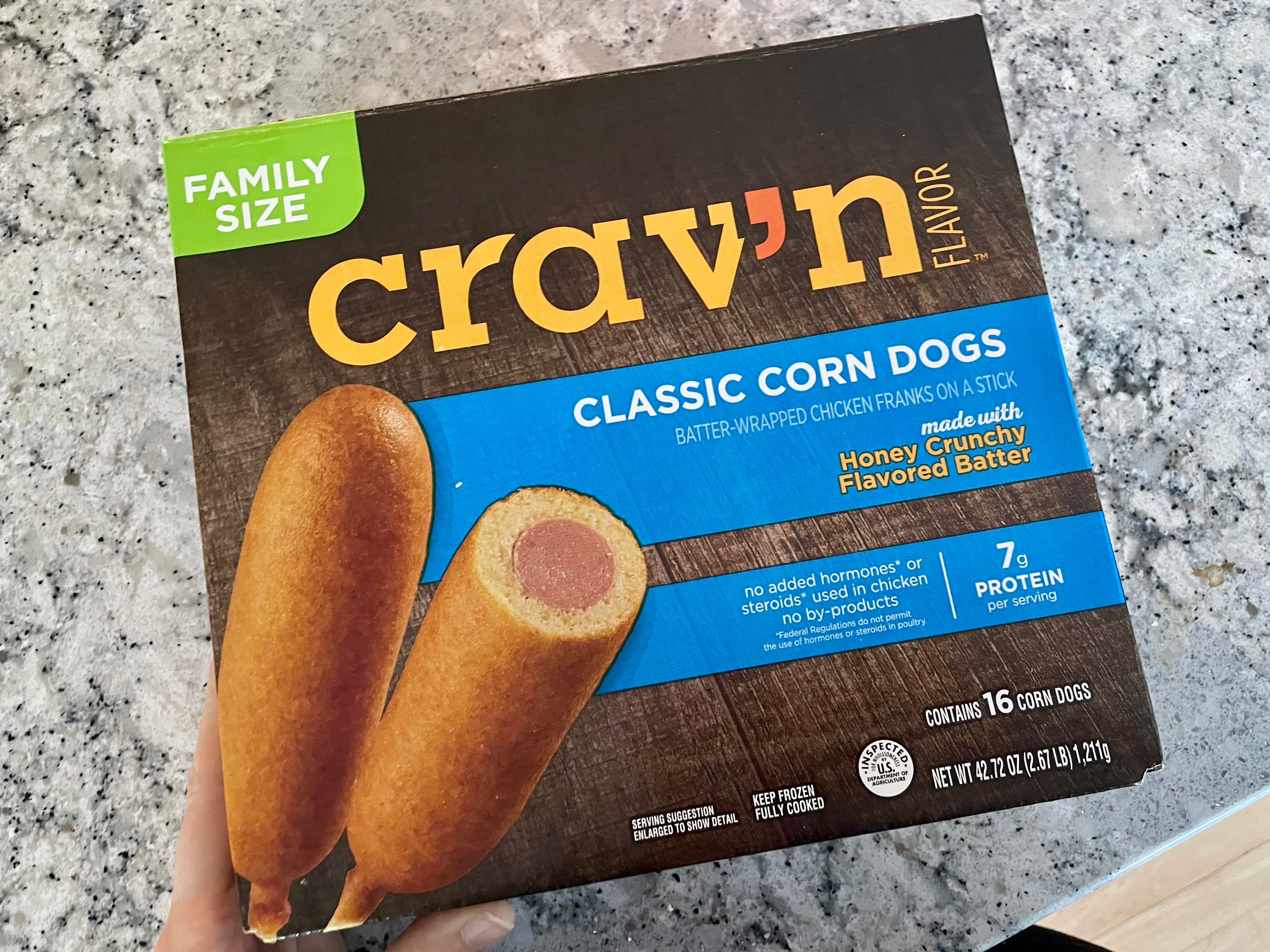 A box of Crav'n Flavor corn dogs.