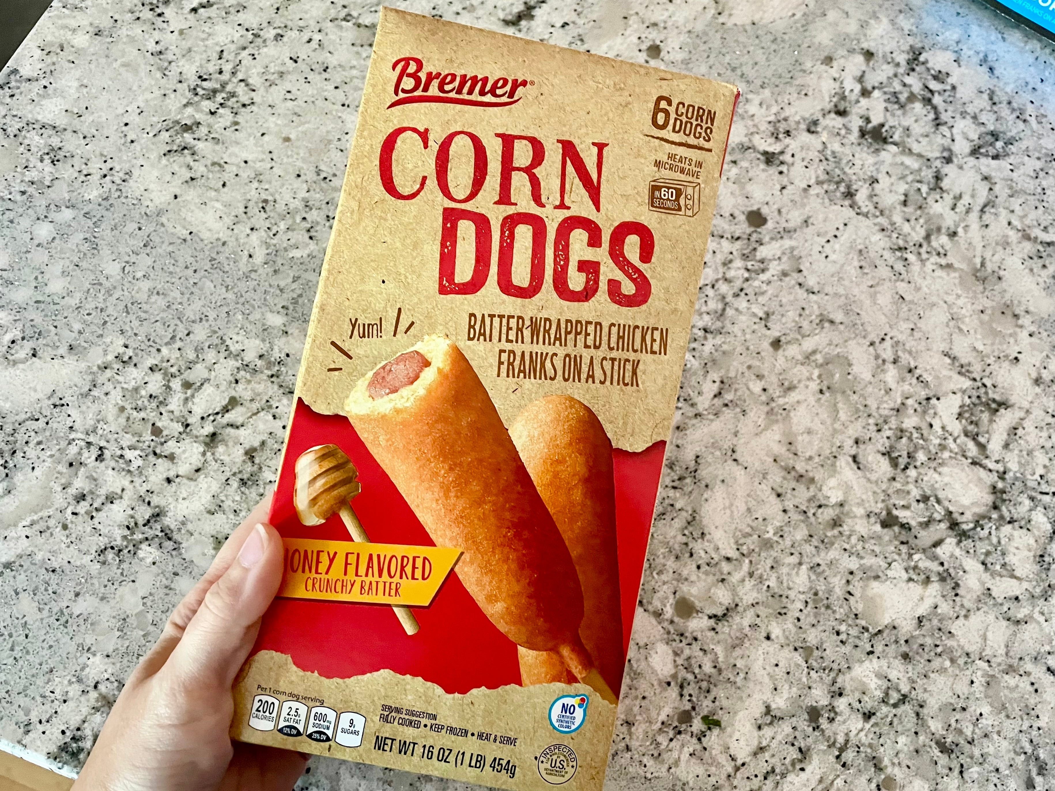 A box of Bremer corn dogs.
