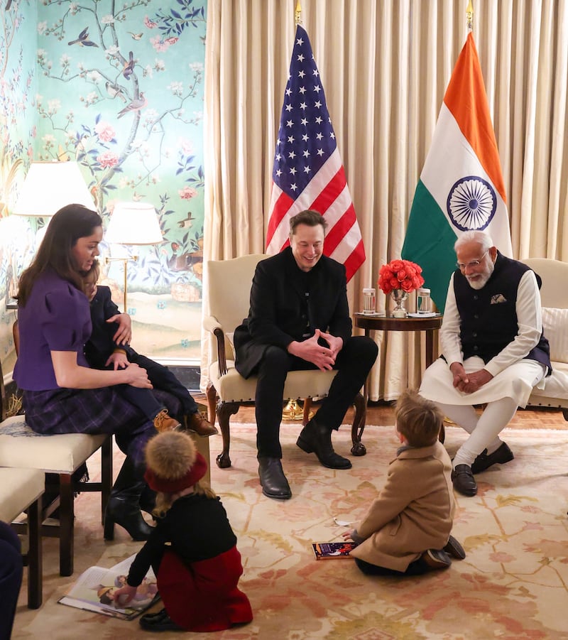 Head of the Department of Government Efficiency (D.O.G.E.) and CEO of SpaceX, Tesla, and X Elon Musk meets with Indian Prime Minister Narendra Modi (R) at Blair House in Washington DC, USA on February 13, 2025.