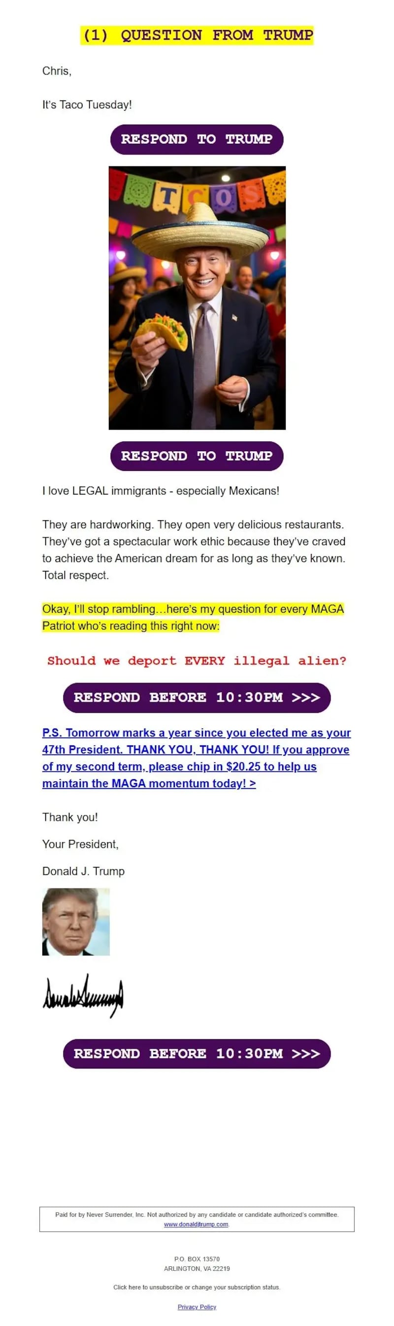 Trump's campaign fundraising email