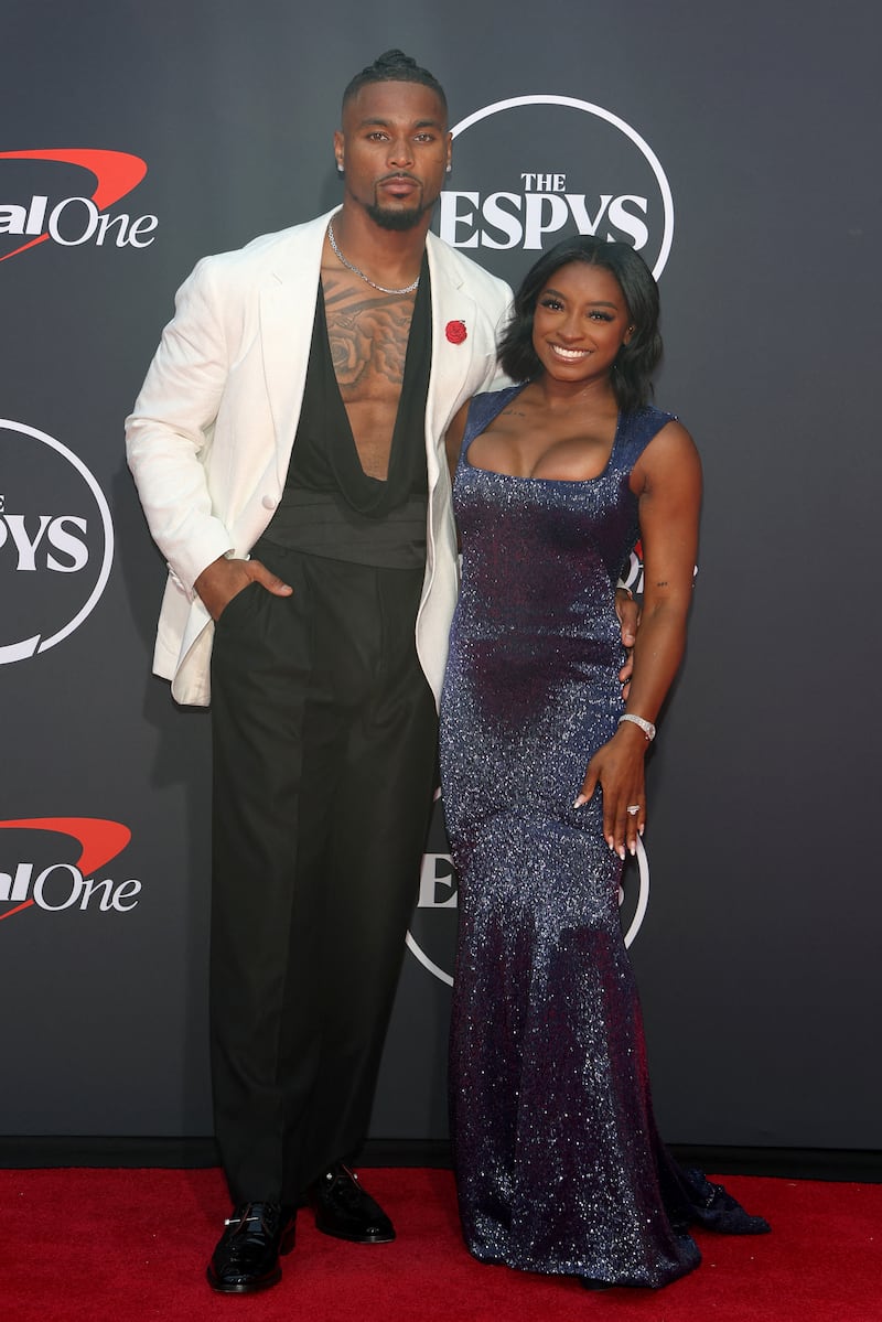 Biles with her husband, football player Jonathan Owens, at the ESPY Awards on July 16, 2025.
