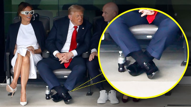 Donald Trump and first lady Melania Trump join FIFA President Gianni Infantino and other guests while watching the final match of the FIFA Club World Cup at MetLife Stadium on July 13, 2025 in East Rutherford, New Jersey, with an inset image of Trump's swollen ankles