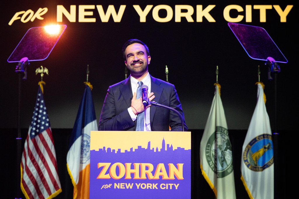 Zohran Mamdani speaks to supporters during his acceptance speech at the Brooklyn Paramount Theater on Nov. 4, 2025.