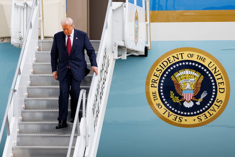 President Donald Trump arrives in Miami on Air Force One on Wednesday, Nov. 5, 2025, at the Miami International Airport.
