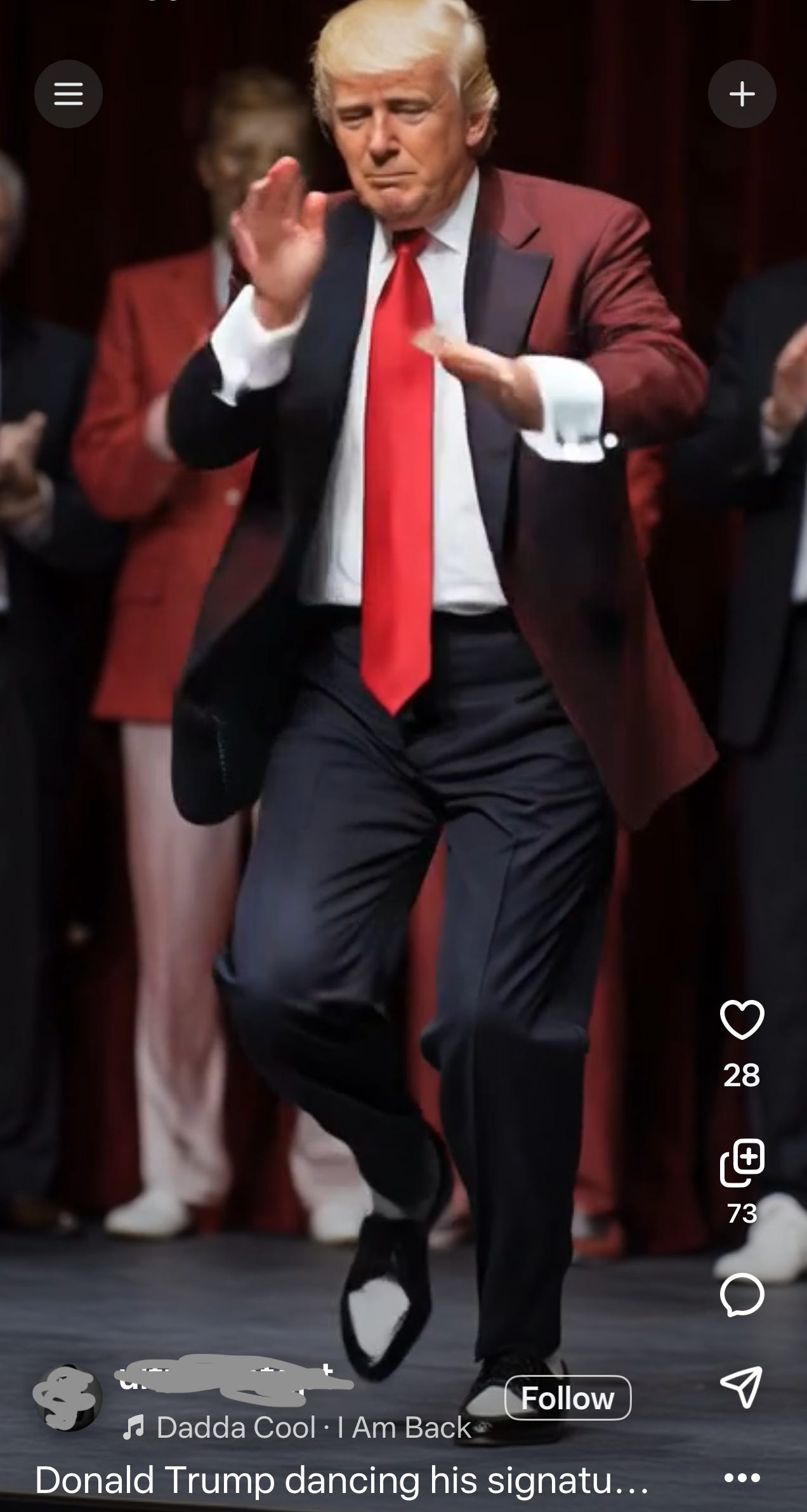 AI-Generated Donald Trump dances in a video posted to Meta's AI Vibes feed.
