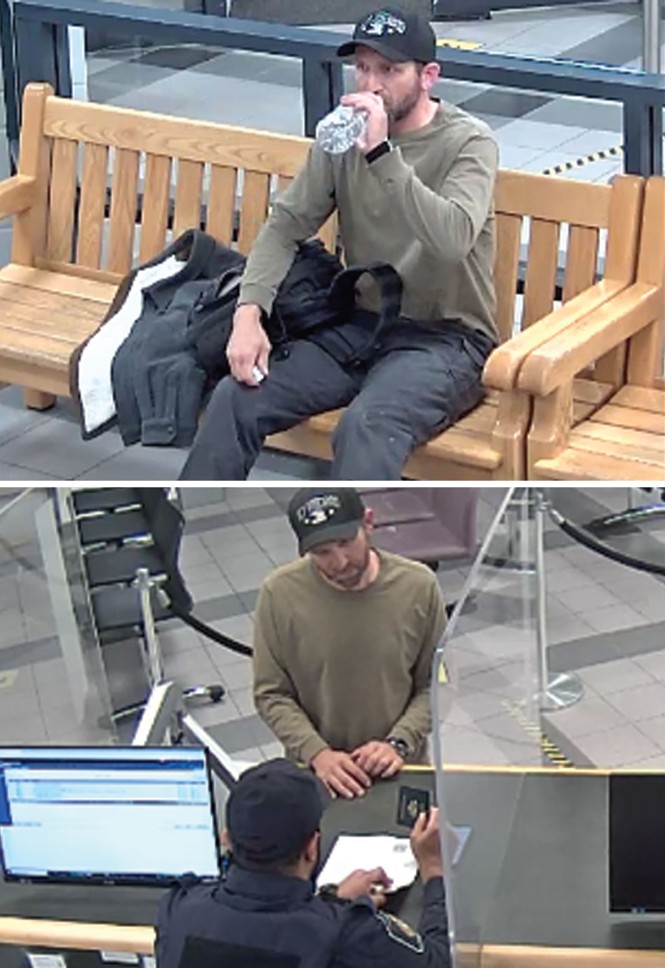 two still images from security-camera footage, one of man sitting on wooden bench drinking a bottle of water, one of man standing at window speaking to immigration agent