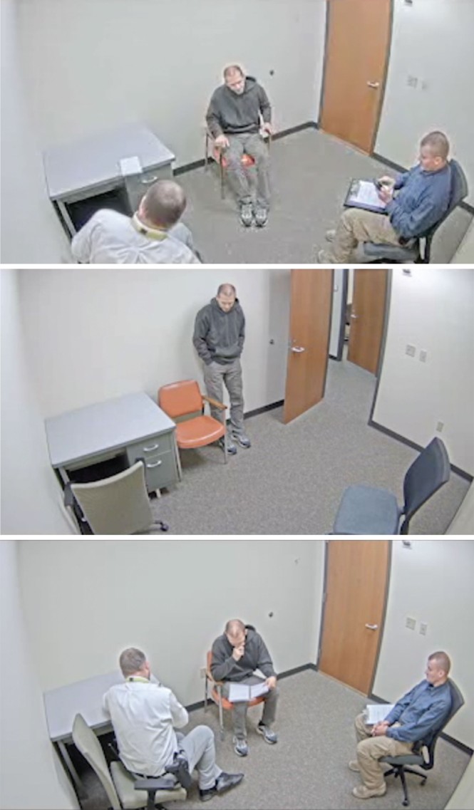 3 stills from a video of the interview room with two officers and Ryan in chair
