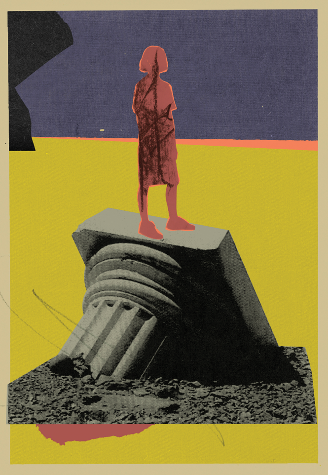 illustration with silhouette of girl standing on top of greco-roman column buried at angle in dirt, with green and pink horizon in background