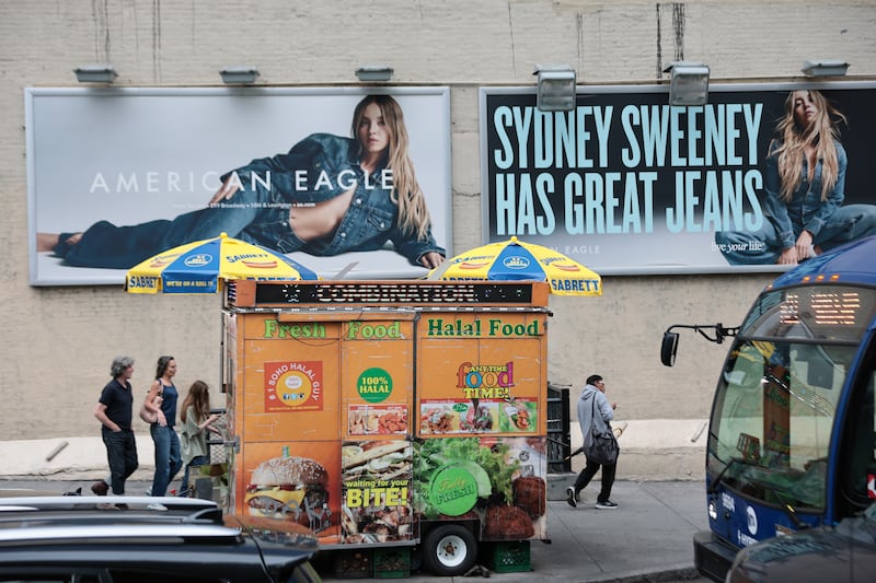 NEW YORK, NEW YORK - AUGUST 01: Billboards of actress Sydney Sweeney is seen outside of an American Eagle store on August 01, 2025 in New York City. American Eagle’s recent denim ad campaign featuring  Sweeney has drawn backlash for language and imagery that critics say echoes eugenics-era rhetoric, following a tagline referencing “great genes” alongside visuals of Sweeney in blue jeans. (Photo by Michael M. Santiago/Getty Images)
