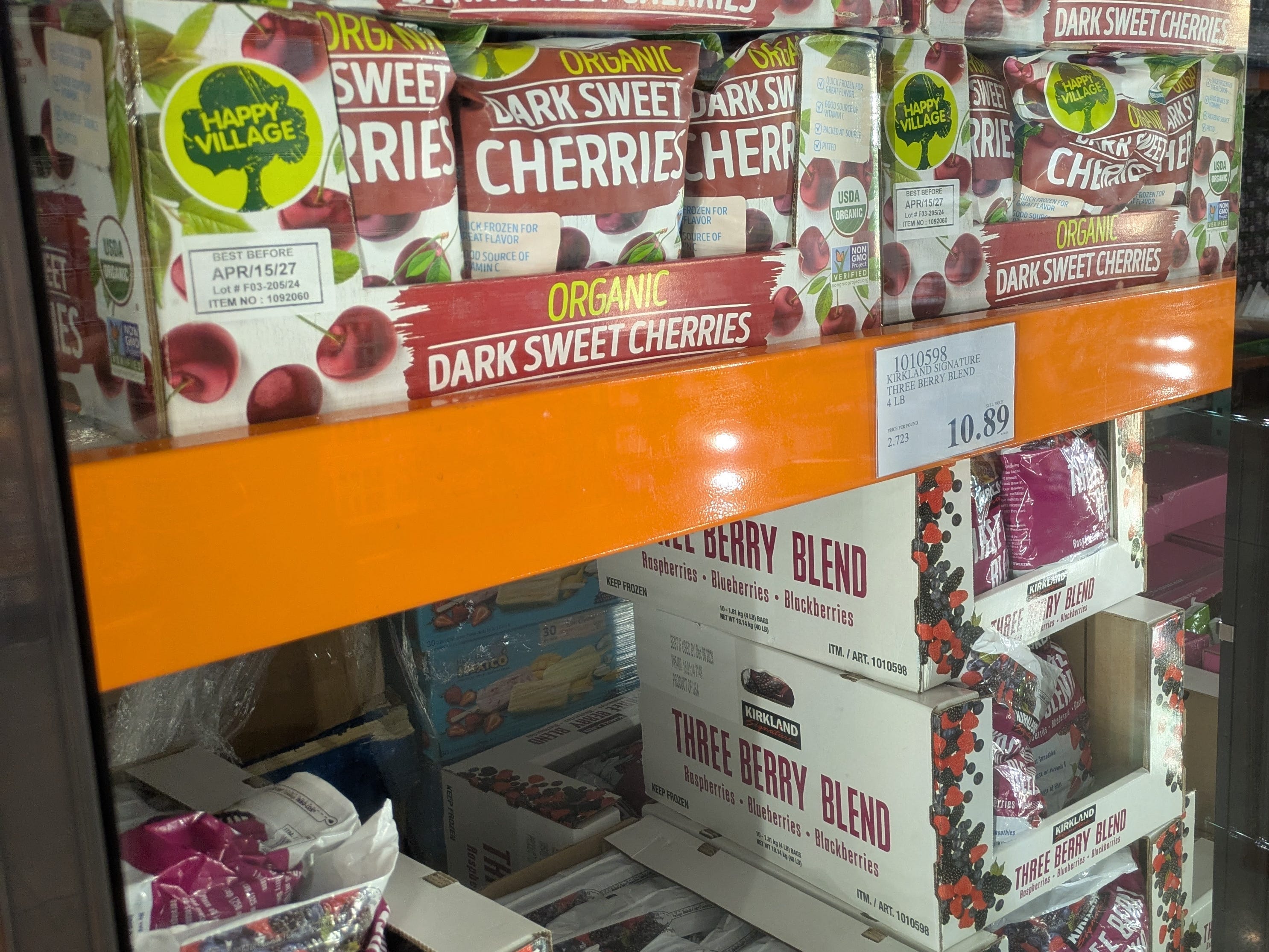 Bags of frozen fruit at Costco.