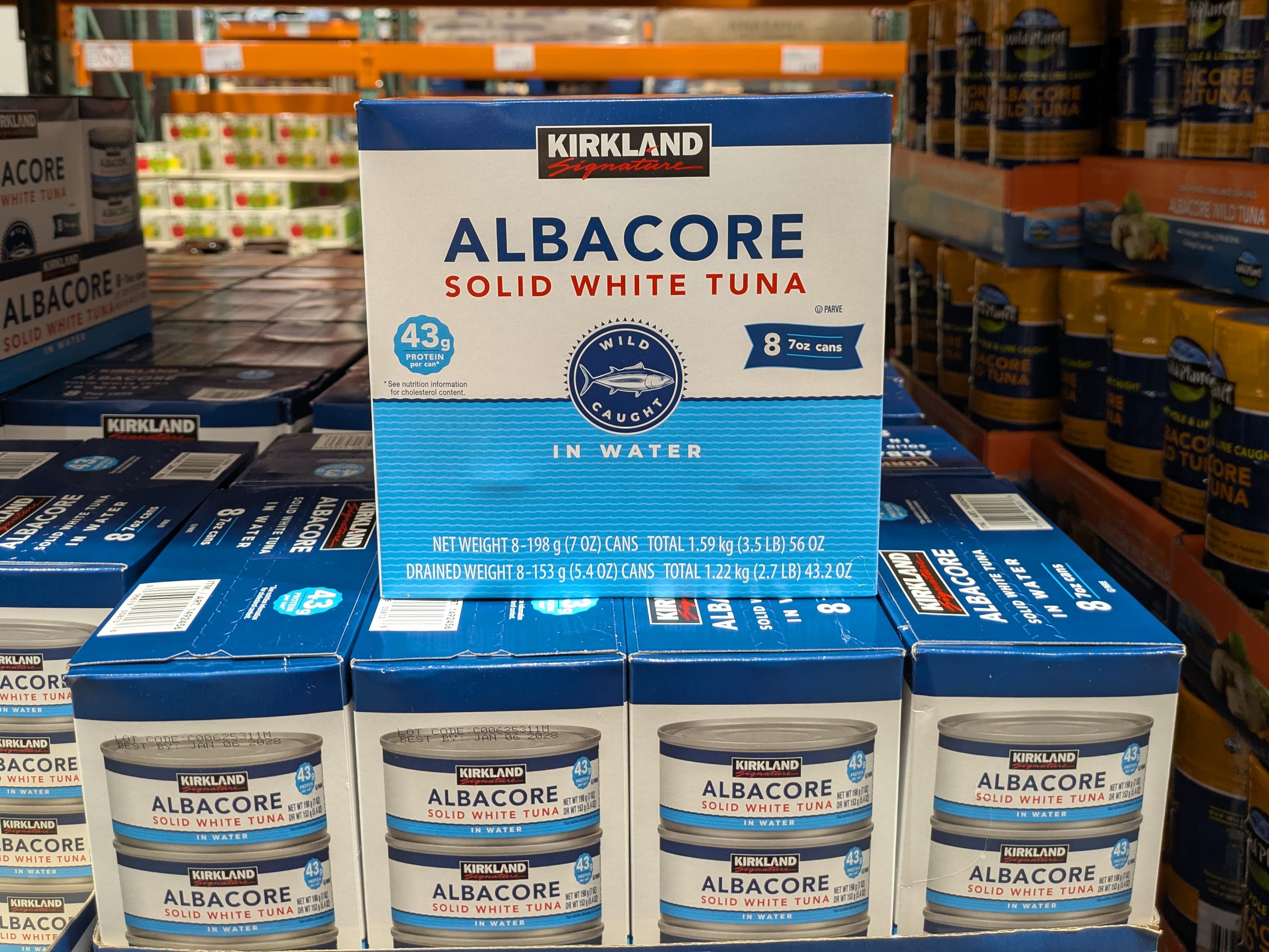 A box of Kirkland Signature Albacore solid white tuna.