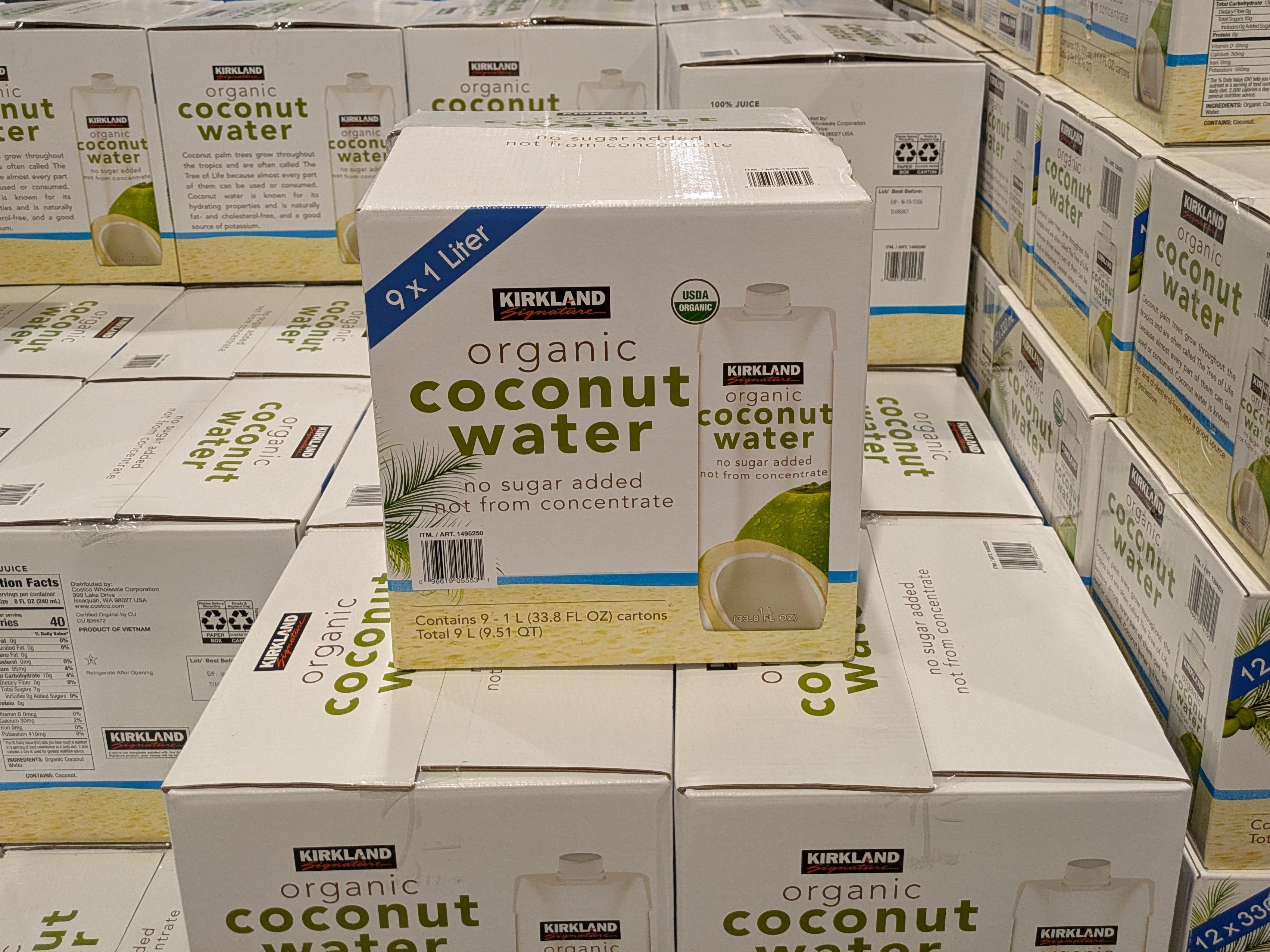 Boxes of Kirkland Signature organic coconut water.